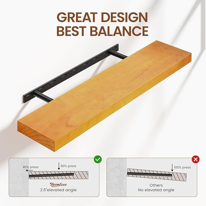 Heimlove 36 Inch Floating Shelves for Wall Brown Shelves Set of 2,Wall Mounted Rustic Wood 8 Inch Deep Floating Shelf with Invisible Brackets for Bedroom Kitchen Living Room