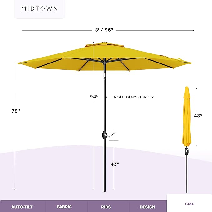 Midtown Umbrellas 10-Year-No-Fade - 8 Ft - UV Proof Sunflower (Yellow) Fabric - Umbrella Outdoor Patio, Auto-Tilt Aluminum Frame Patio Umbrella for Garden, Pool & Deck - Black Pole