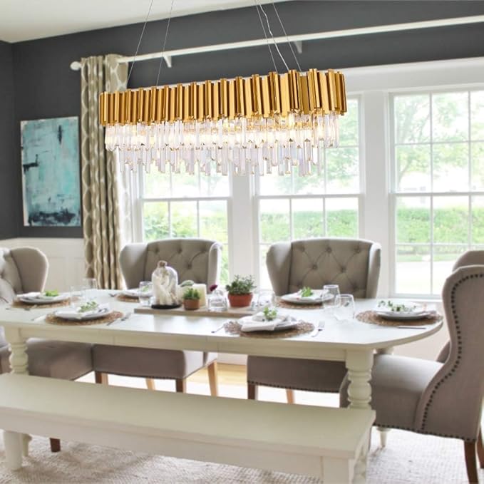 W43.3 Modern Crystal Chandelier - Luxury Pendant Ceiling Light for Dining Room, Kitchen Island, or Living Room - Oval Raindrop Contemporary Chandelier with Gold Finish.
