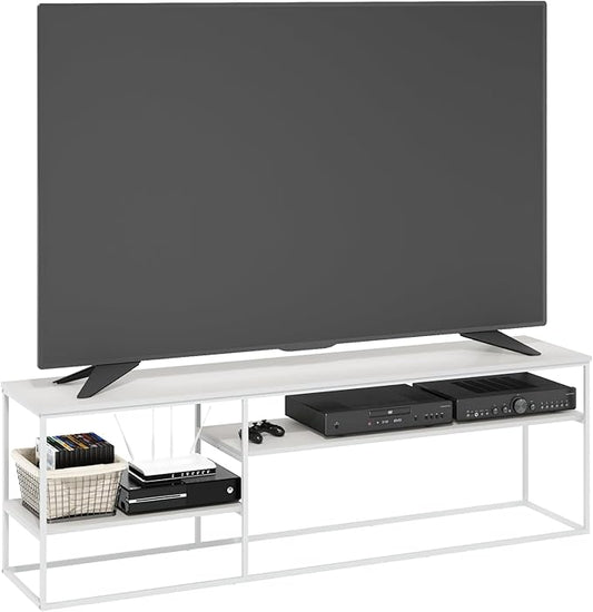 Furinno Moretti TV Stand, 3-Tier Metal Frame Modern Entertainment Center, Open Shelf TV Console for TV up to 70 Inch, for Living Room, Bedroom, Solid White