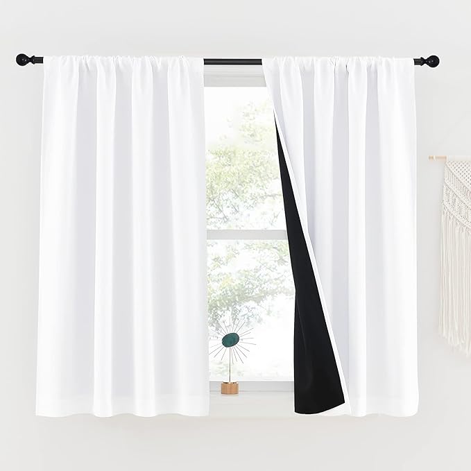 NICETOWN White 100% Blackout Short Curtains, 2 Thick Layers Completely Blackout Rod Pocket Thermal Insulated Drapes for Kitchen/Bedroom (1 Pair, 42 inches Width x 45 inches Length Each Panel)