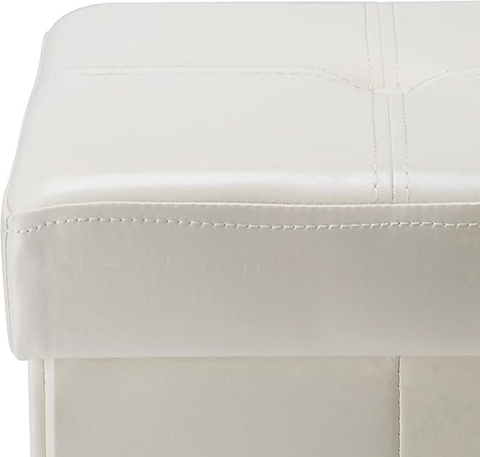 Simplify Faux Leather Folding Storage Ottoman | Single | Collapsible | Tufted Padded Seating | Foot Rest | Bench | Toy Box | Ivory