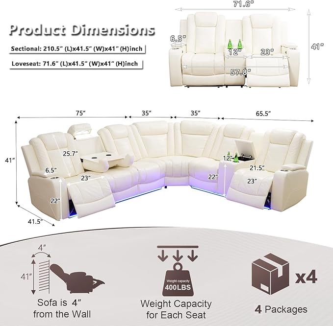 Power Recliner Sectional Sofa Set, Living Room Furniture Sets, L-Shaped Recliner Sofa & Loveseat, Breathing Leather Sectional Reclining Couch with Cup Holders for Living Room