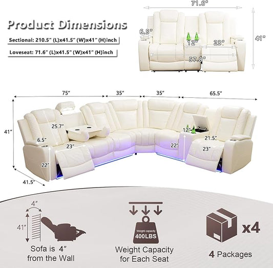 Power Recliner Sectional Sofa Set, Living Room Furniture Sets, L-Shaped Recliner Sofa & Loveseat, Breathing Leather Sectional Reclining Couch with Cup Holders for Living Room
