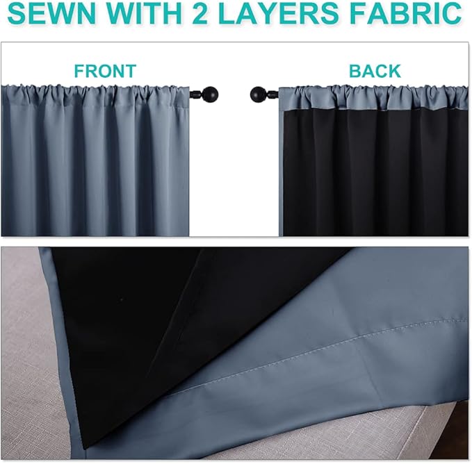 NICETOWN 100% Blackout Curtains Keep Warm and Cool, Insulated Full Blackout 2-Layer Lined Drapes, Energy Efficiency Window Draperies for Bedroom (Stone Blue, 2 Panels, 52 inches W by 63 inches L)