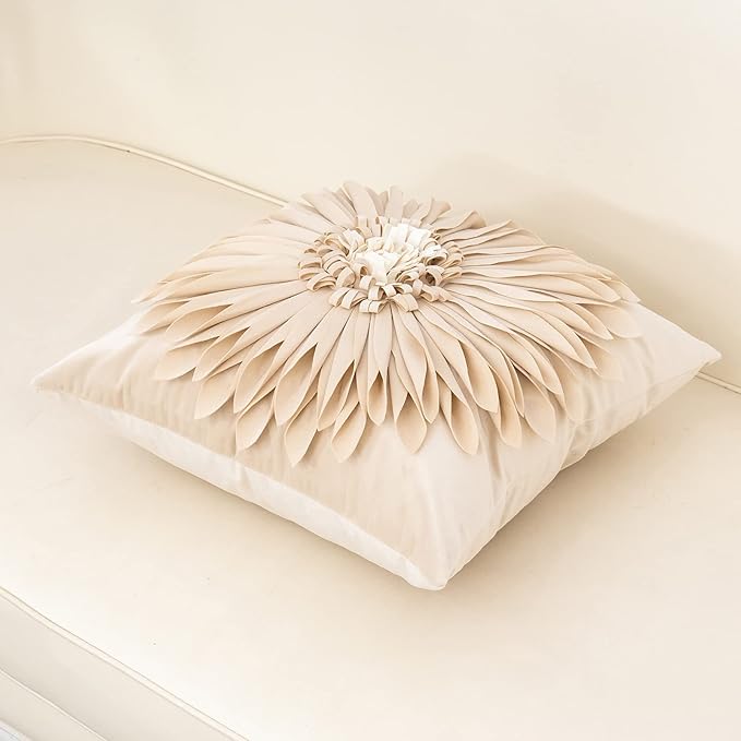 Alerfa 3D Flower Handmade Throw Pillow Cover Decorative Beige Velvet Pillowcase Cushion Cover with Hidden Zipper for Couch Bed Living Room Home Decor 18 x 18 Inches