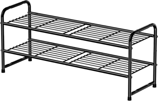 2 Tier Shoe Rack, 32.5" Wide Stackable Sturdy Metal Shoe Shelf Storage Organizer with Height-Adjustable for Entryway, Closet, Black