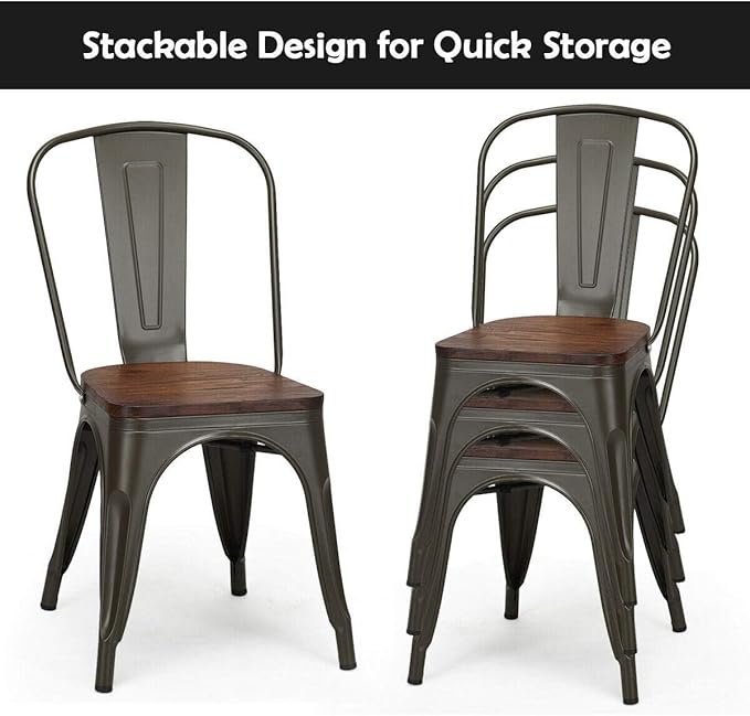 COSTWAY 18 Inch Dining Chair Set of 4, Industrial Vintage Stackable Metal Chairs, Counter Bar Chairs with High Backrest, Wood Seat, for Home, Kitchen and Cafe Bar Use