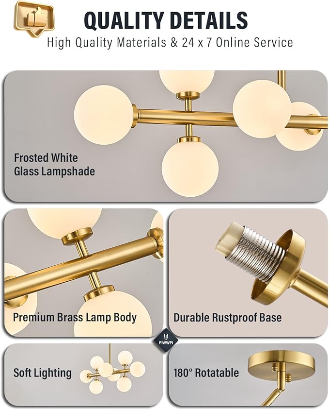 Modern Linear Chandeliers for Dining Room, 8-Light Globe Sputnik Pendant Ceiling Light, Brass Gold Dining Room Light Fixture Over Table, Mid Century Glass Milk White Bubble, 31.5 Inch, GC-09