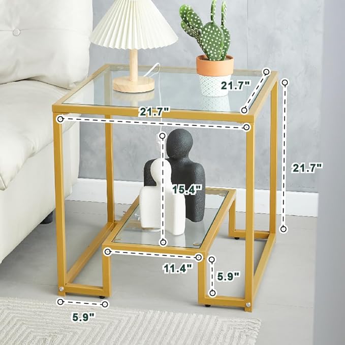 Modern and Simple Two Tier Golden Metal Side Table with Tempered Glass Top, Perfect as Bedside Table, Nightstand, 21 inch Small Modern Side Table for Bedroom, Dinning Room, Office