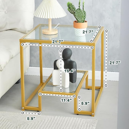 Modern and Simple Two Tier Golden Metal Side Table with Tempered Glass Top, Perfect as Bedside Table, Nightstand, 21 inch Small Modern Side Table for Bedroom, Dinning Room, Office