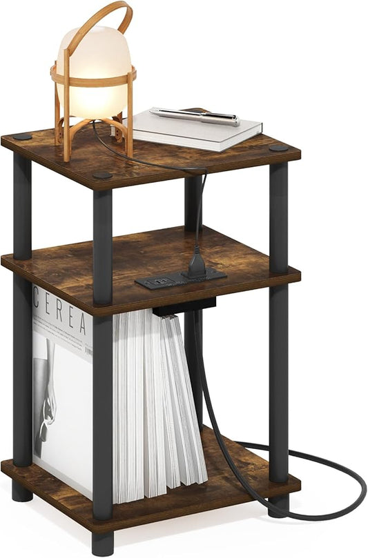 Furinno JUST Side Table, 3-Tier Modern End Table with Charging Station, Easy Assembly Night Stand, Bedside Table with USB and Type-C Charging Port, for Living Room, Bedroom, Amber Pine