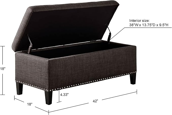 Madison Park Shandra II Storage Ottoman - Solid Wood, Polyester Fabric Toy Chest Modern Style Lift-Top Accent Bench for Bedroom Furniture, Medium, Charcoal
