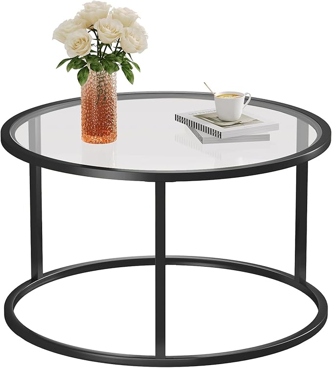 SAYGOER Small Glass Coffee Table Round Coffee Tables 27.6In Modern Tempered Glass-Top Accent Center Table for Living Room Home Office Small Space Easy Assembly