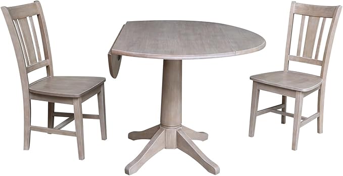 International Concepts 42" Round Top Pedestal 2 Chairs Dining Table, Washed Gray Taupe