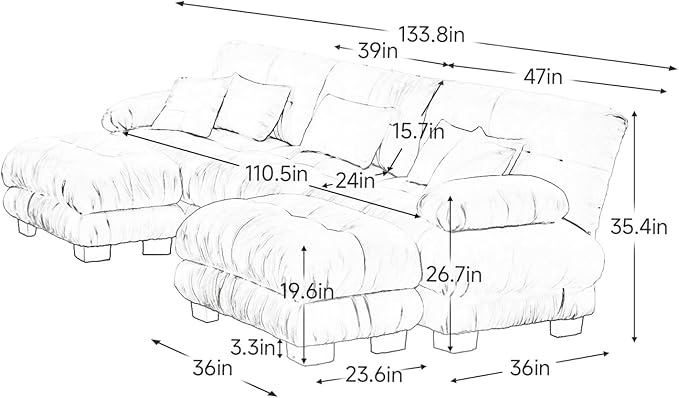 133.8" U-Shaped Cloud Couch, Oversized Modular Sectional Sofa, Deep Seat Cloud Boneless Couch, 3-Seat Modular Sectional Sofa with 2 Ottoman or Living Room,Bedroom and Apartment, White