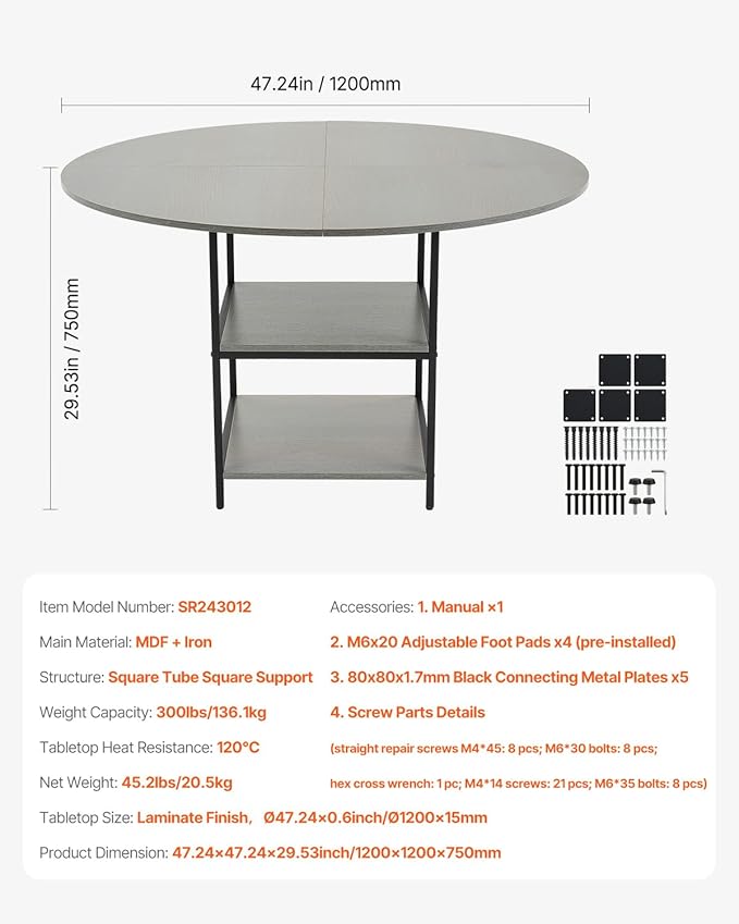 VEVOR Round Dining Table, 47 inch Wood Table for 4-6 Person, Modern Circle Dinner Furniture, Leisure Tables with Storage Shelf and Metal Legs, for Home Kitchen Living Room, Grey (Only Table)
