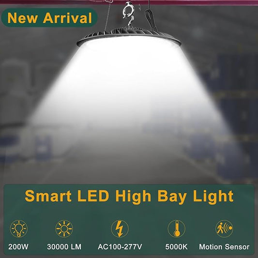Smart 200W High Bay LED Shop Lights 30000lm UFO LED Light with Smart Controller Supports Normal Mode & Motion Sensor Mode(Energy Saving) ETL Listed High Bay Lights for 25-35FT Warehouse-6Pack