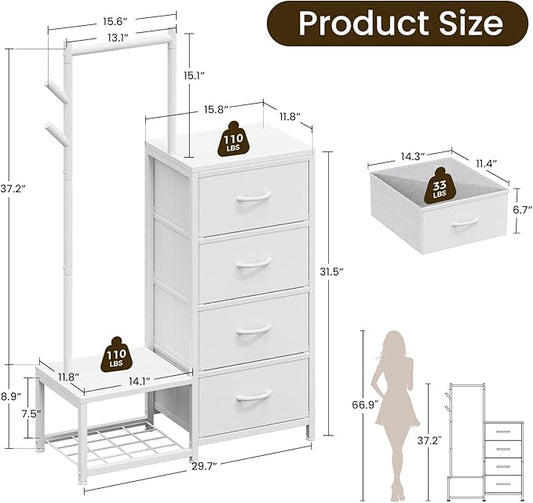 KKL Small Dresser for Bedroom with Clothes Hanging Rack, Reversible Bedroom Dresser with Shoe Rack & 4 Fabric Drawers, 3-in-1 Storage Chest of Drawers with Storage Shelves & Tree Hooks, White