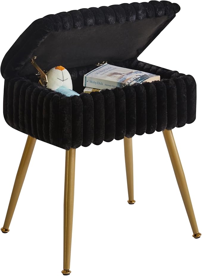 Vanity Stool with Storage, Faux Fur Vanity Chair, Footrest Ottoman, Multifunctional Makeup Vanity Chair for Bedroom Black YD-MS151B