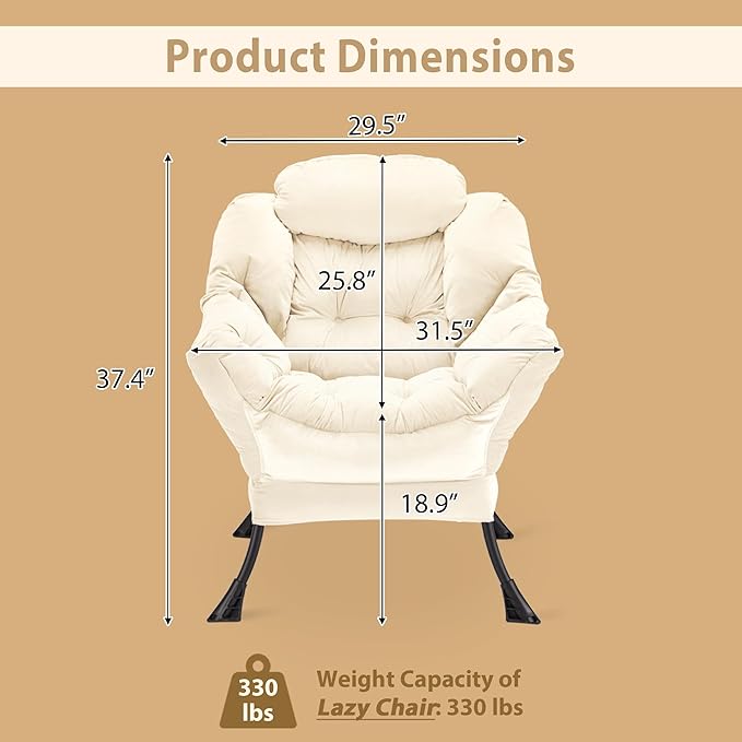 Lazy Chair Thick Padded, Comfy Velvet Accent Lounge Chair with Stable Frame, Leisure Sofa Armchair with Armrests and Side Pocket, Reading Chair for Bedroom, Living Room, Office, Beige