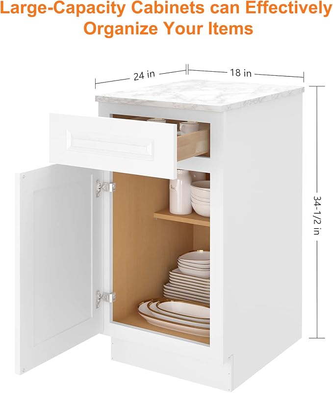LOVMOR Kitchen Base Cabinets, Sideboard Storage Cabinet, Entryway Cabinet with 1-Drawer & Adjustable Shelf, 18" W X 24" D X 34-1/2"H