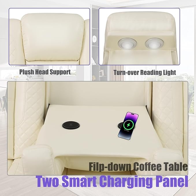 Leather Living Room Furniture Set, Power Reclining Sectional Sofa Set Creamy White, Breathing Leather Recliners Sofa with LED USB Ports and Storage Console, Reclining Couch Set for Home/Office