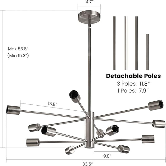 Modern Sputnik Chandeliers Light, 12 Lights Brushed Nickel Dining Room Chandelier Over Table, Height Adjustable Industrial Semi Flush Mount Mid Century Chandelier for Kitchen Island Living Room