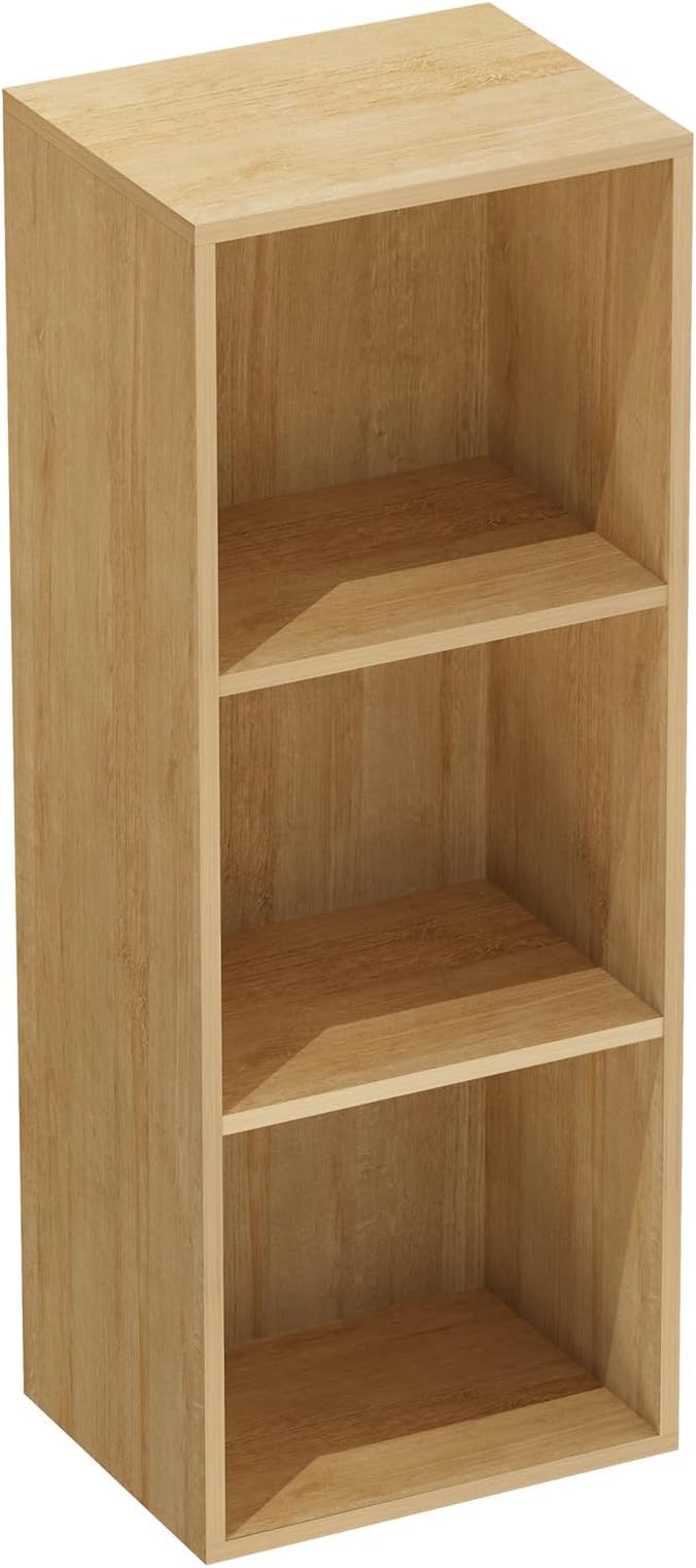 3 Tier Bookshelf, Narrow Bookcase for Small Spaces, Wooden Book Case Bookshelves Storage Organizer for Bedroom Living Room Home Office (Oak, 3 Cube)