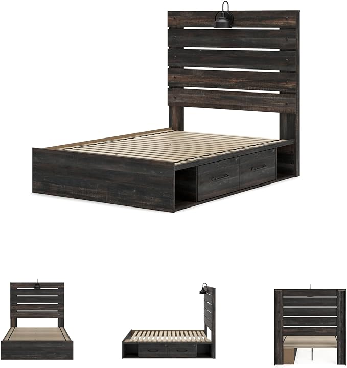 Signature Design by Ashley Drystan Rustic Full Panel Platform Bed with 2 Storage Drawers, Open Cubbies, Sconce LED Light and USB Ports, Foundation or Box Spring Not Needed, Dark Brown & Gray