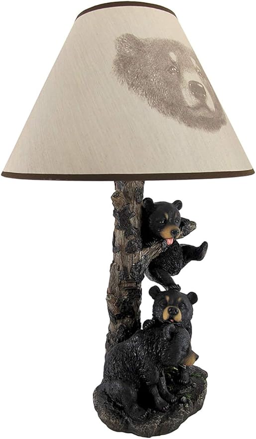 Zeckos Rustic Black Bear Family Table Lamp - Lodge-Inspired Home Lighting - 20" Tall Resin Construction - Charming Bear Face Print Shade - Ideal for Cabins and Dens