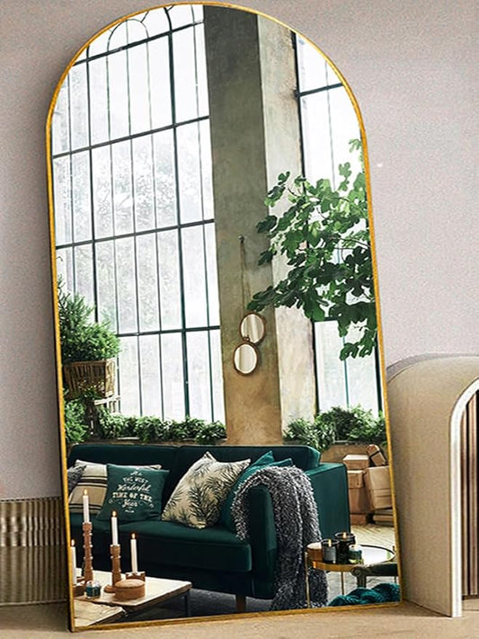 Floor Mirror, 90"×46" Arched Full Length with Stand, Standing, Full Body, Large, Wall, Freestanding, Aluminum Frame - Gold