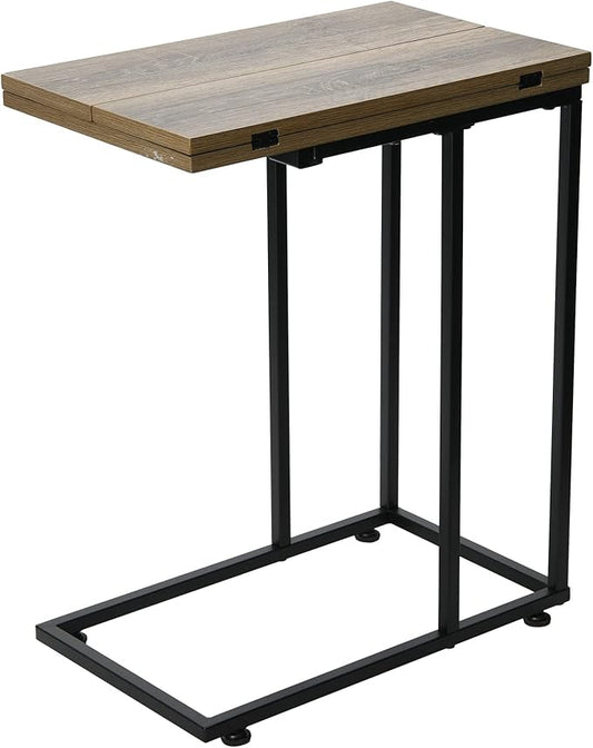 Household Essentials Jamestown Extendable C-Shaped for Accessiblity Side End Table Ashwood Rustic Wood Grain and Black Metal