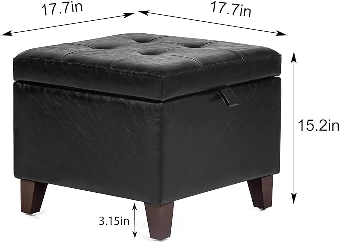 Adeco 17.7" Square Faux Leather Storage Ottoman, Tufted Footrest Stool with Hinged Lid & Wood Legs, Small Entryway Bench & Extra Seat for Living Room, Bedroom, Black