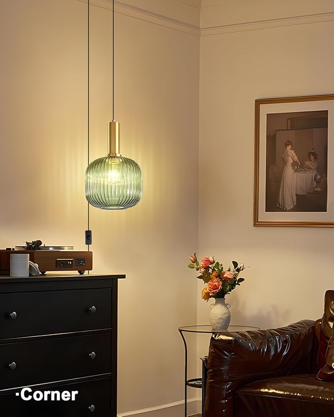Plug in Pendant Light Green Glass Hanging Lights with Plug in Cord Vintage Gold Hanging Pendant Light Mid Century Modern Ceiling Hanging Lamp for Kitchen Island Dining Room Living Room Bedroom