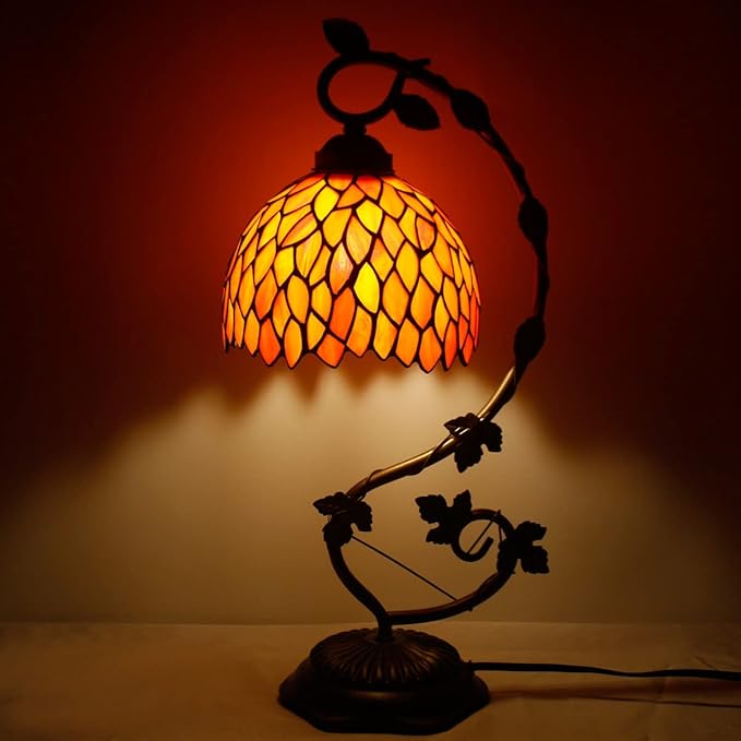 WERFACTORY Tiffany Lamp Red Wisteria Stained Glass Table Lamp, Metal Leaf Base 8X10X21 Inches Desk Reading Light Decor Small Space Bedroom Home Office S523R Series