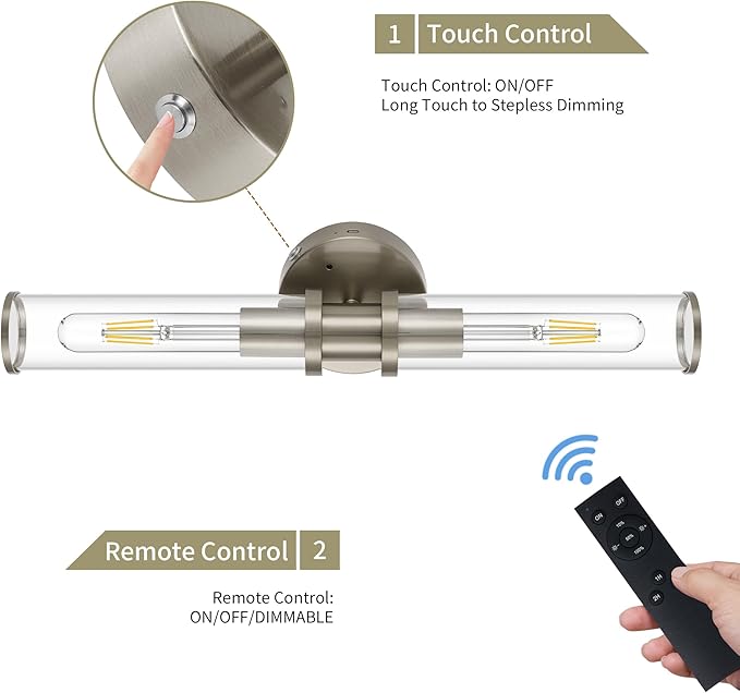 Rechargeable Battery Wall Sconce with Remote Control, Nickel Wireless Wall Lights, Easy Install Dimmable Battery Sconces Wall Decor Set of 2 for Living Room Bedroom Hallway Entryway Stairwell, 3000K