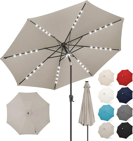FLAME&SHADE 10 FT Solar Light Patio Umbrella, 40 LED lights outdoor umbrella with Centre Surround Light, Table Market Umbrella for Deck, Pool, Porch, Backyard, Garden, UV Protection, Taupe