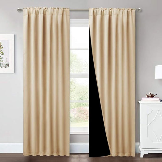 NICETOWN Thermal Insulated 100% Blackout Curtains, Multi-Function Noise Reducing Drapes with Black Lining, Full Light Blocking Drapery Panels for Patio (Biscotti Beige, 2 PCs, 52 inches x 95 inches)