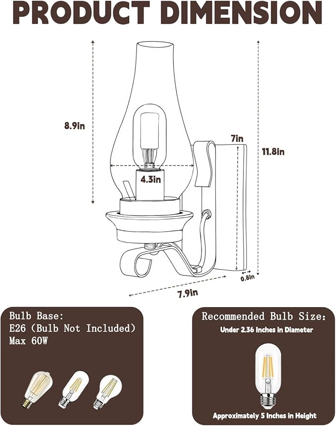 LightInTheBox Rustic Wall Sconce Vintage Farmhouse Wall Light Fixtures Industrial Glass Wall Lamp for Cabin Bedroom Living Room Hallway Fireplace (2PCS)
