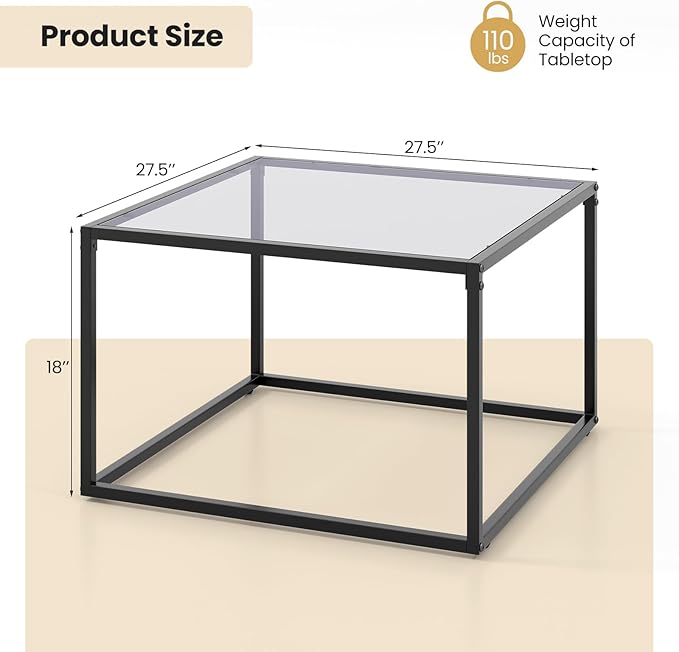Giantex 27.5" Square Coffee Table - Tempered Glass Center Table w/Metal Frame, Modern Accent Table for Small Space, Living Room, Home, Office, Easy Assembly (1-Tier, Gray)