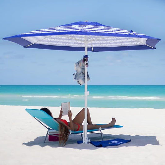 AMMSUN 8ft Large Beach Umbrellas for Sand Heavy Huty Wind Portable Commercial Grade Patio Beach Umbrella with Sand Anchor Adjustable Height Air Vent UPF 50+ Telescoping Pole without tilt Blue White
