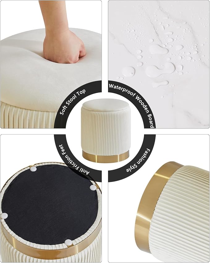 IBUYKE Round Storage Ottoman Set of 2 Ottoman for Dorm Vanity Stool with Storage Velvet FootStools End Table Boucle Ottoman for Home Organization White UWBD016W
