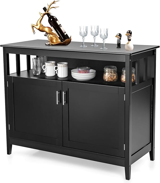 NAFORT Farmhouse Sideboard, Freestanding Buffet Cabinet with Removable Shelf, Anti-Tip Devices, Magnetic Catch, Wood Legs & Adjustable Foot Pads, Large Storage Coffee Bar for Household, Black