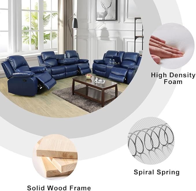 Bonded Leather Recliner Sofa Set Living Room Furniture Sets Modern Manual Reclining Sofa Set Loveseat Couch Chair Set with Cup Holders & Storage Console for Home/Office (Purple Blue,3 PCS Set)