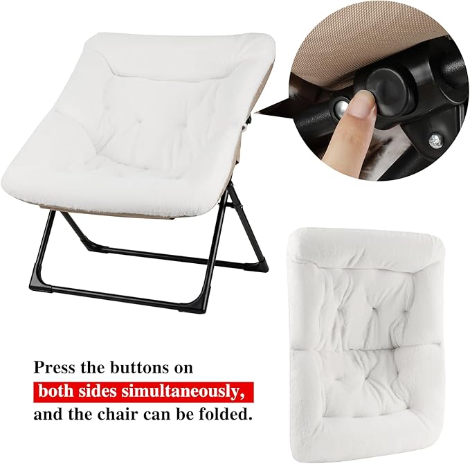 Comfy Saucer Chair for Adults, Soft Faux Fur Bedroom Chair, Accent Dorm Chairs, Flexible Living Room Reading Chairs, Oversized Folding Seat for Teens, X-Large, White