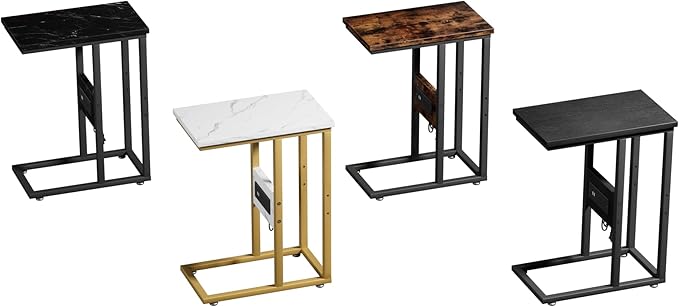 VECELO C Shaped End Table with Charging Station & Power Outlets, Quick Access Side Table for Sofa, C Bedside for Living Room Bedroom 2 Set,Black Marble