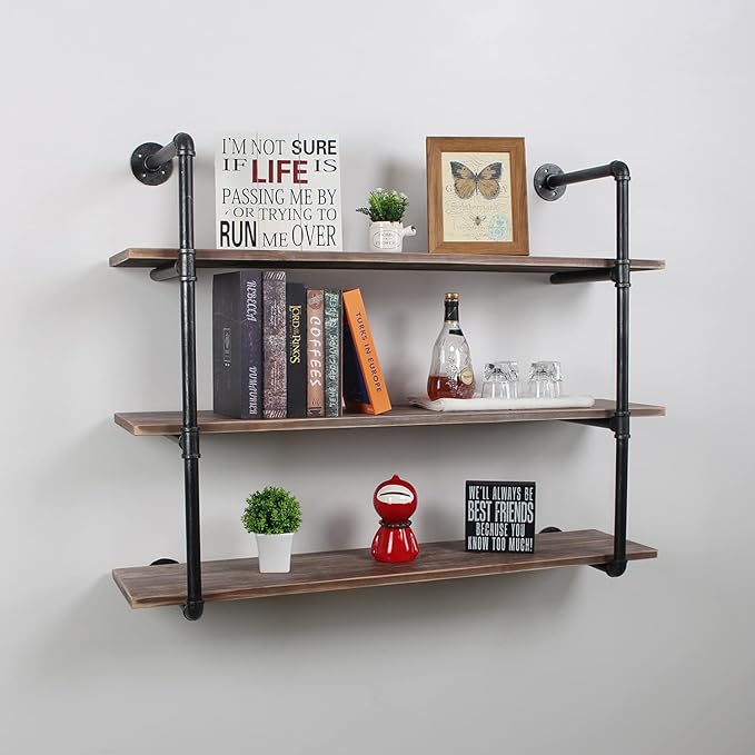 MBQQ Industrial Pipe Shelving Wall Mounted,44in Rustic Metal Floating Shelves,Steampunk Real Wood Book Shelves,Wall Shelf Unit Bookshelf Hanging Wall Shelves,Farmhouse Kitchen Bar Shelving(3 Tier)