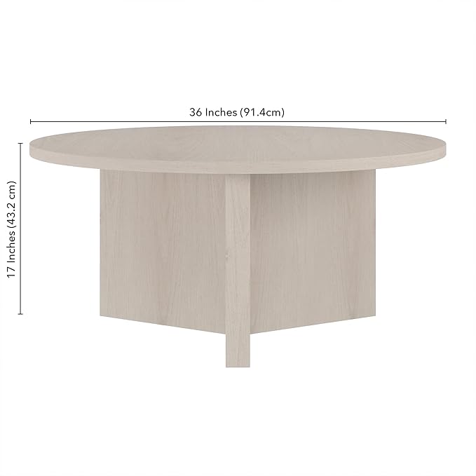 Henn&Hart 36" Round Wood Pedestal Coffee Table for Living Room, Family Room, Office, or Apartment, Beech White