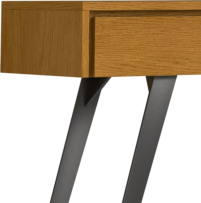 SIMPLIHOME Lowry Console Table - 60 Inch Wide Solid Oak Veneer and Metal Sofa Table in Oak, Modern Industrial Storage Table for Entryway or Living Room with 3 Drawers and Angled Metal Legs